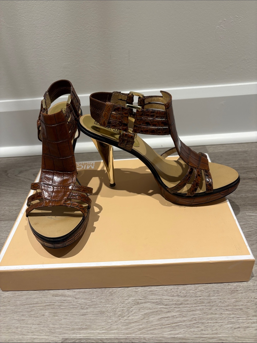 Michael Kors Brown Croc-Embossed Gold-Stiletto High Heel Sandals